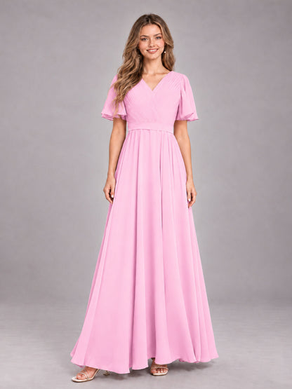 Candy Pink Trendy V-Neck Short Sleeves Chiffon Bridesmaid Dress With Pockets