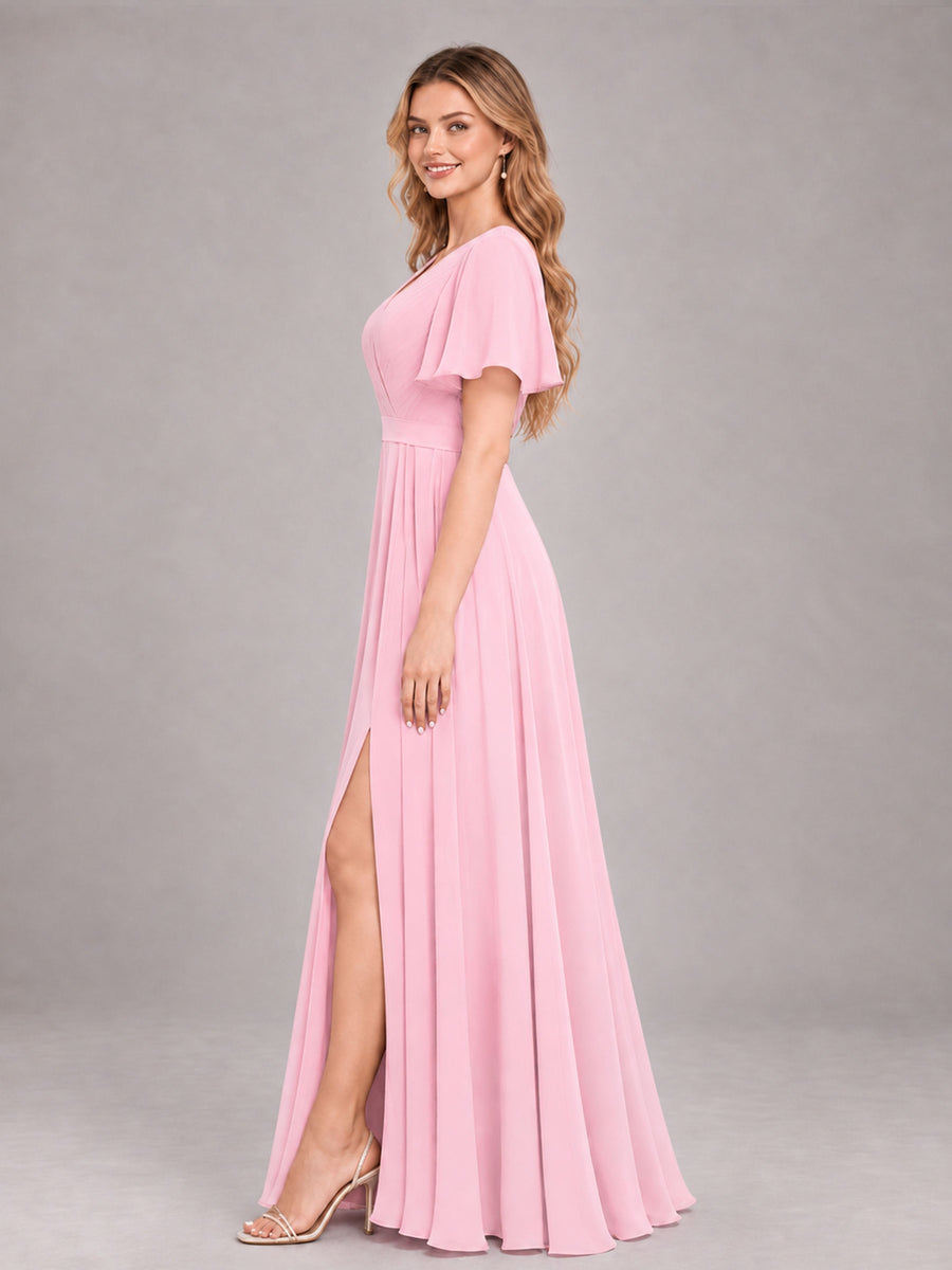 Candy Pink Trendy V-Neck Short Sleeves Chiffon Bridesmaid Dress With Pockets