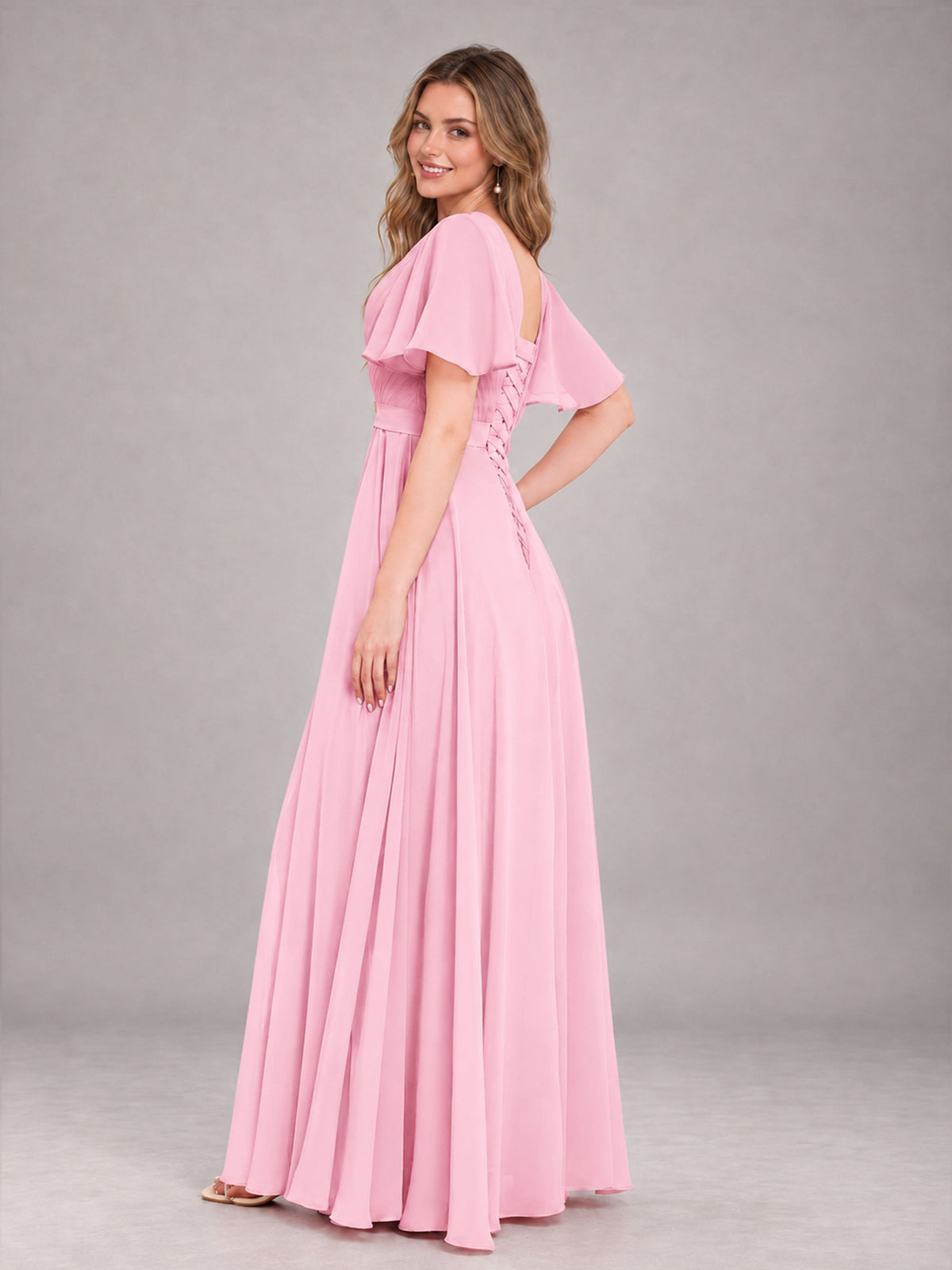 Candy Pink Trendy V-Neck Short Sleeves Chiffon Bridesmaid Dress With Pockets
