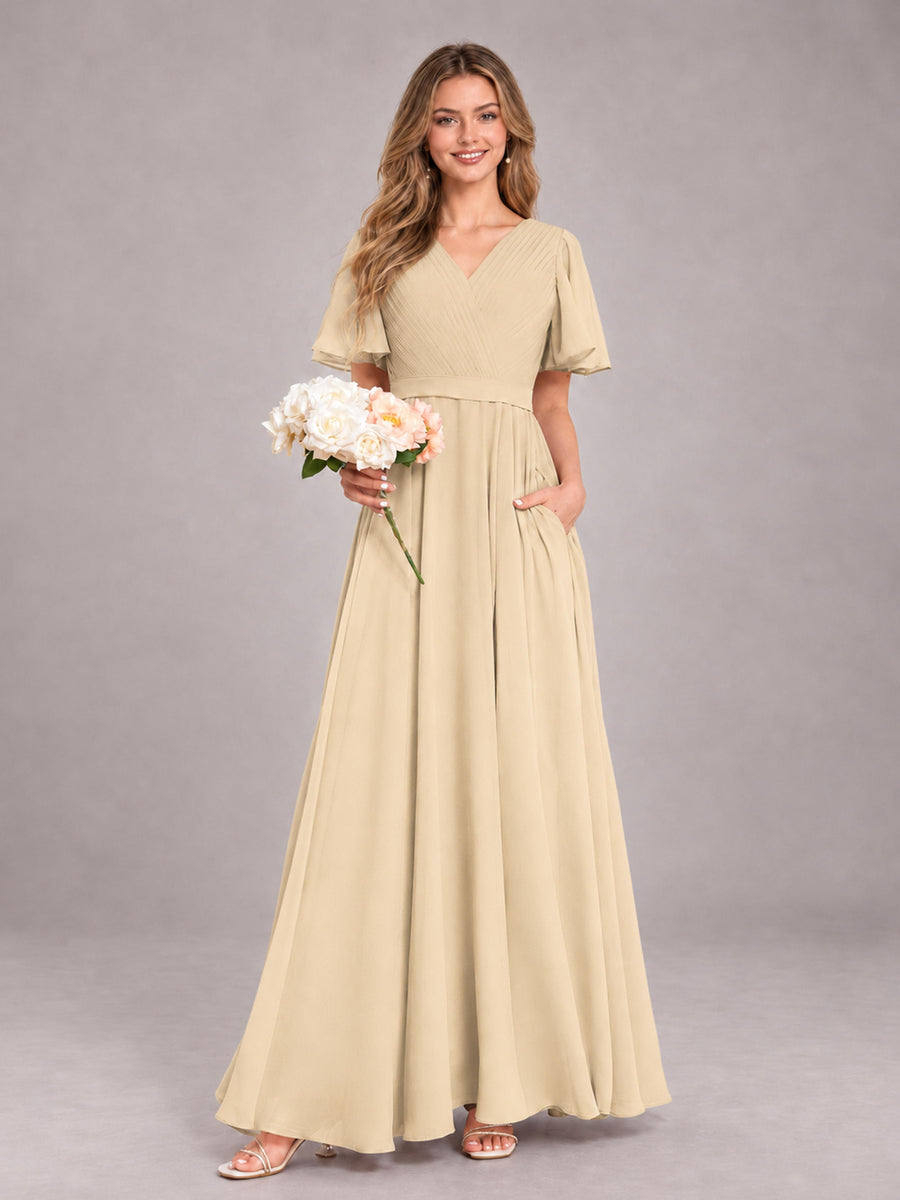 Champagne Trendy V-Neck Short Sleeves Chiffon Bridesmaid Dress With Pockets