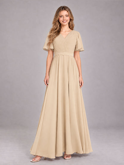 Champagne Trendy V-Neck Short Sleeves Chiffon Bridesmaid Dress With Pockets