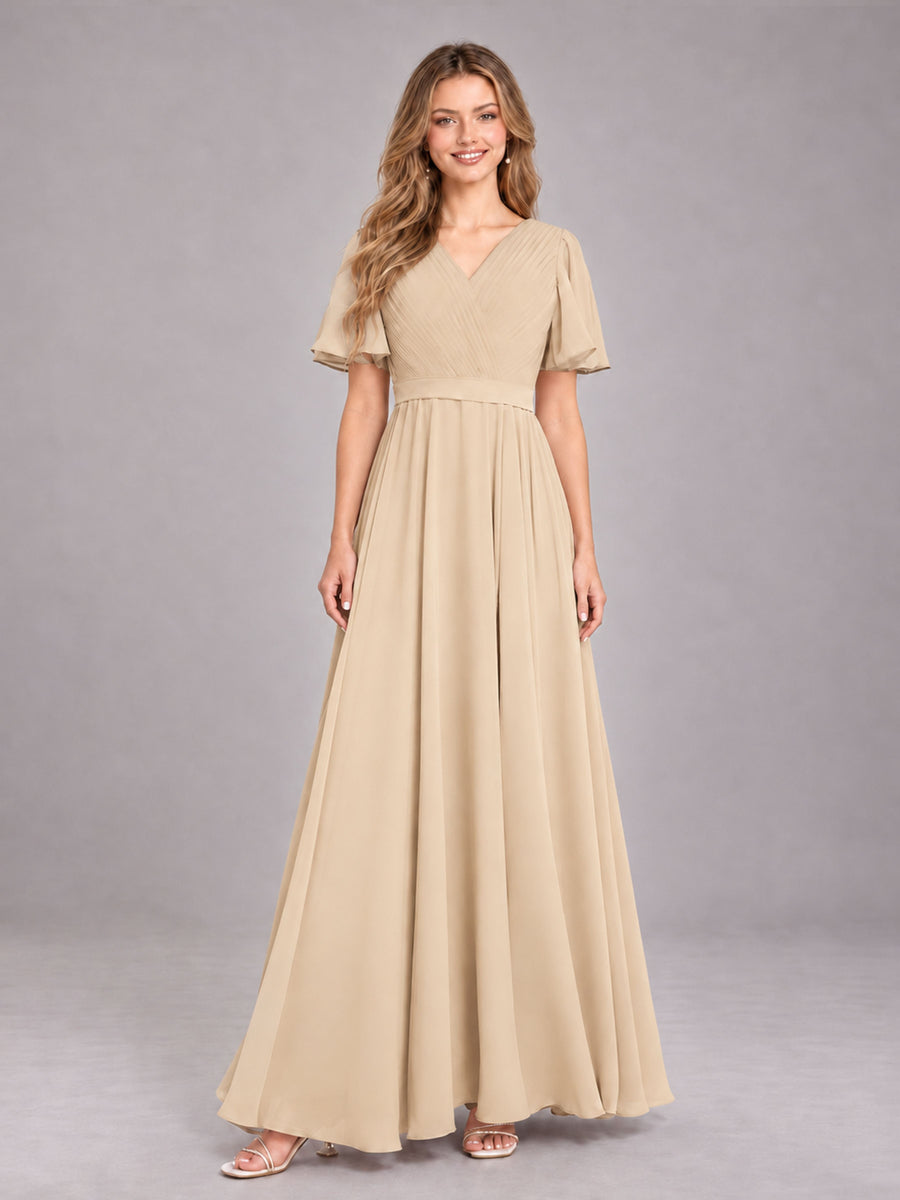 Champagne Trendy V-Neck Short Sleeves Chiffon Bridesmaid Dress With Pockets