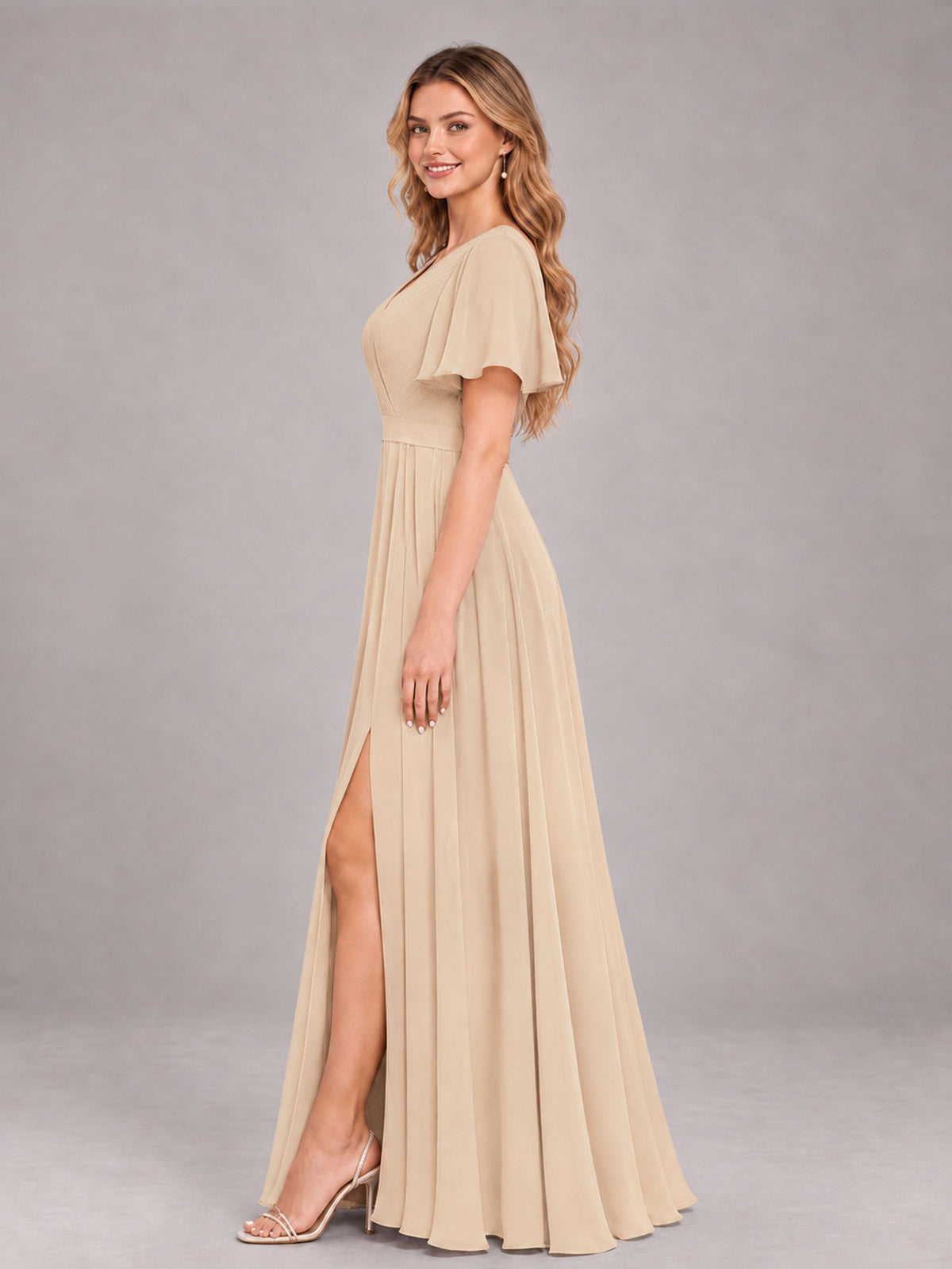 Champagne Trendy V-Neck Short Sleeves Chiffon Bridesmaid Dress With Pockets