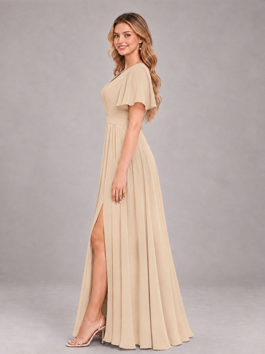 Champagne Trendy V-Neck Short Sleeves Chiffon Bridesmaid Dress With Pockets