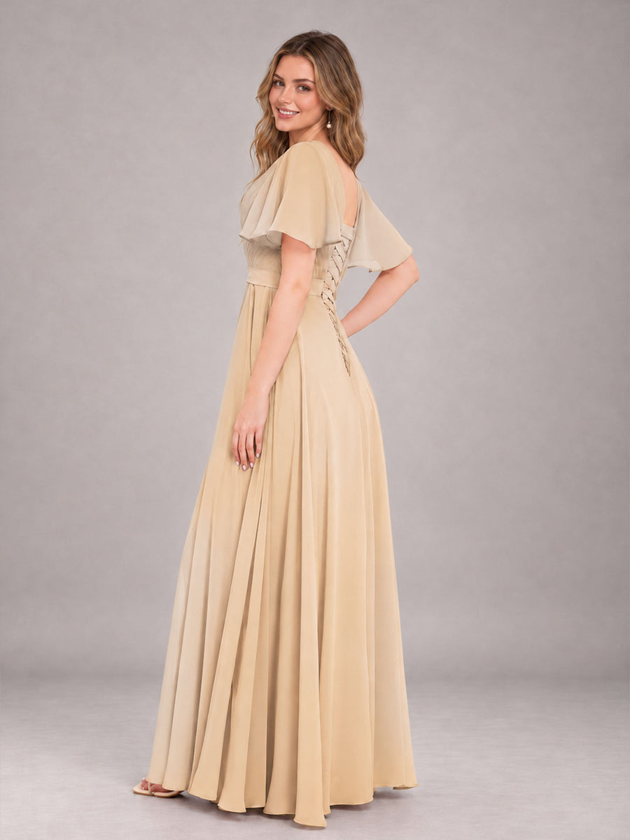 Champagne Trendy V-Neck Short Sleeves Chiffon Bridesmaid Dress With Pockets
