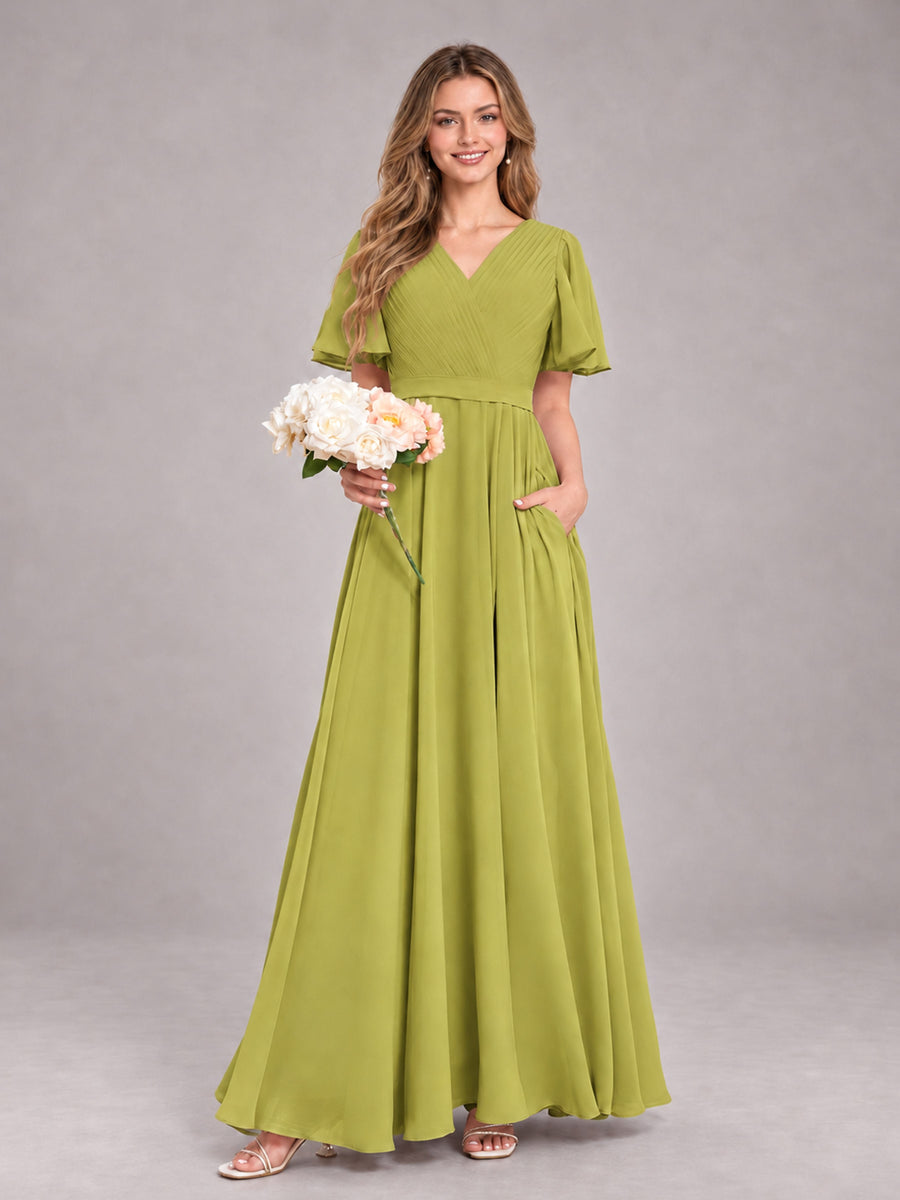 Chartreuse Trendy V-Neck Short Sleeves Chiffon Bridesmaid Dress With Pockets