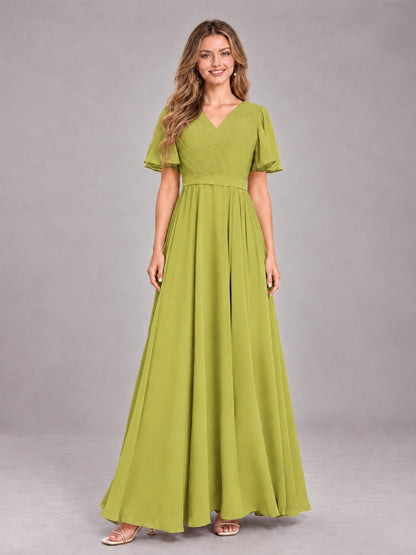 Chartreuse Trendy V-Neck Short Sleeves Chiffon Bridesmaid Dress With Pockets
