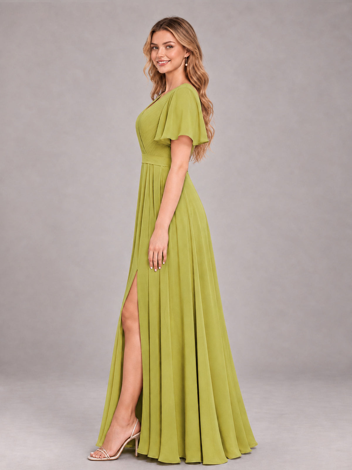 Chartreuse Trendy V-Neck Short Sleeves Chiffon Bridesmaid Dress With Pockets