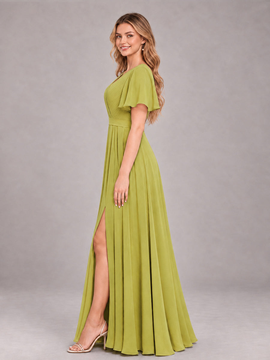 Chartreuse Trendy V-Neck Short Sleeves Chiffon Bridesmaid Dress With Pockets