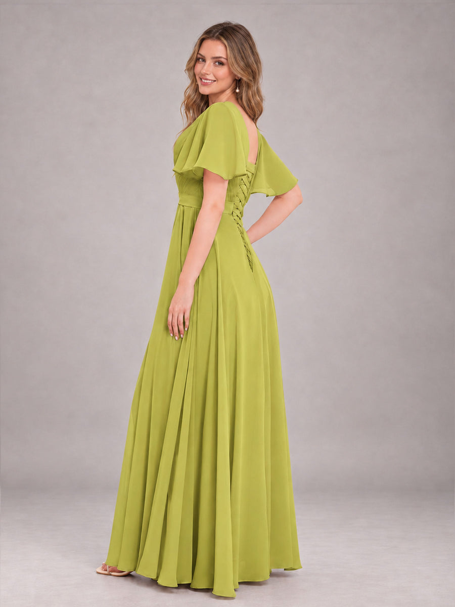 Chartreuse Trendy V-Neck Short Sleeves Chiffon Bridesmaid Dress With Pockets