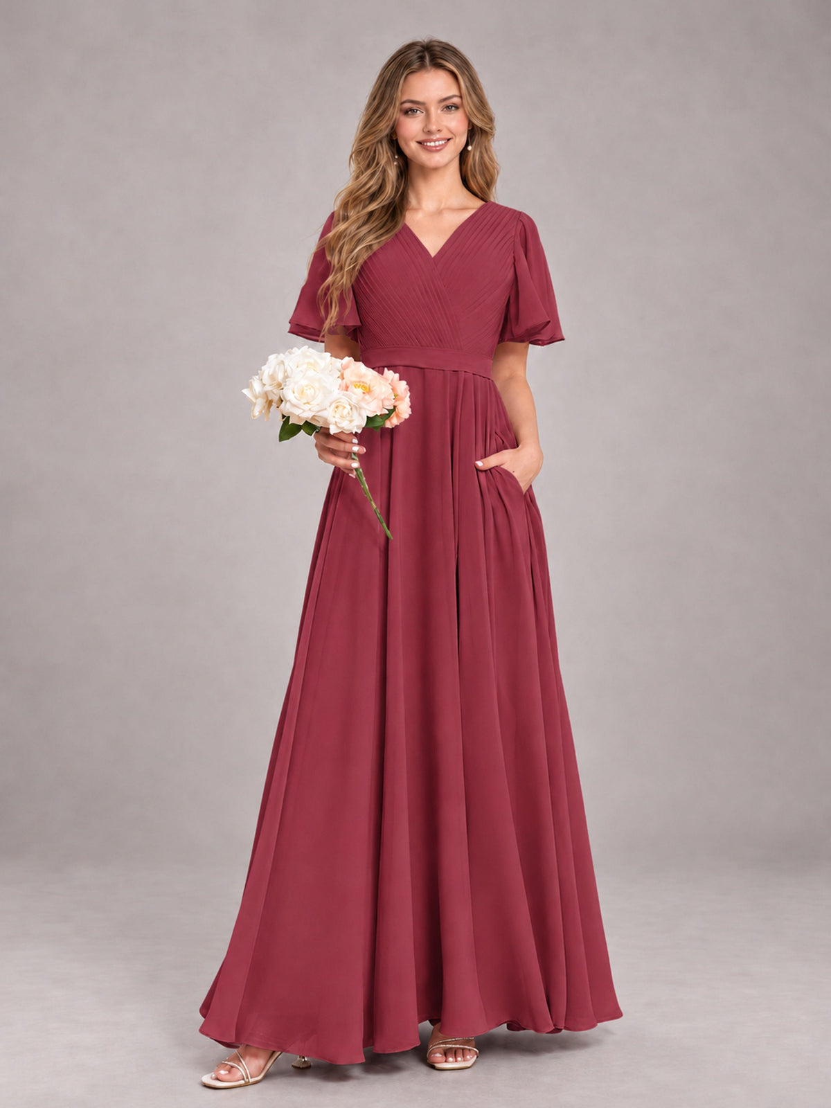 Cinnamon Rose Trendy V-Neck Short Sleeves Chiffon Bridesmaid Dress With Pockets