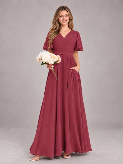 Cinnamon Rose Trendy V-Neck Short Sleeves Chiffon Bridesmaid Dress With Pockets