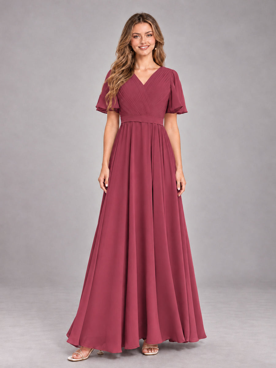 Cinnamon Rose Trendy V-Neck Short Sleeves Chiffon Bridesmaid Dress With Pockets