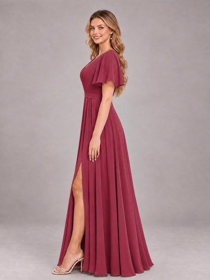 Cinnamon Rose Trendy V-Neck Short Sleeves Chiffon Bridesmaid Dress With Pockets