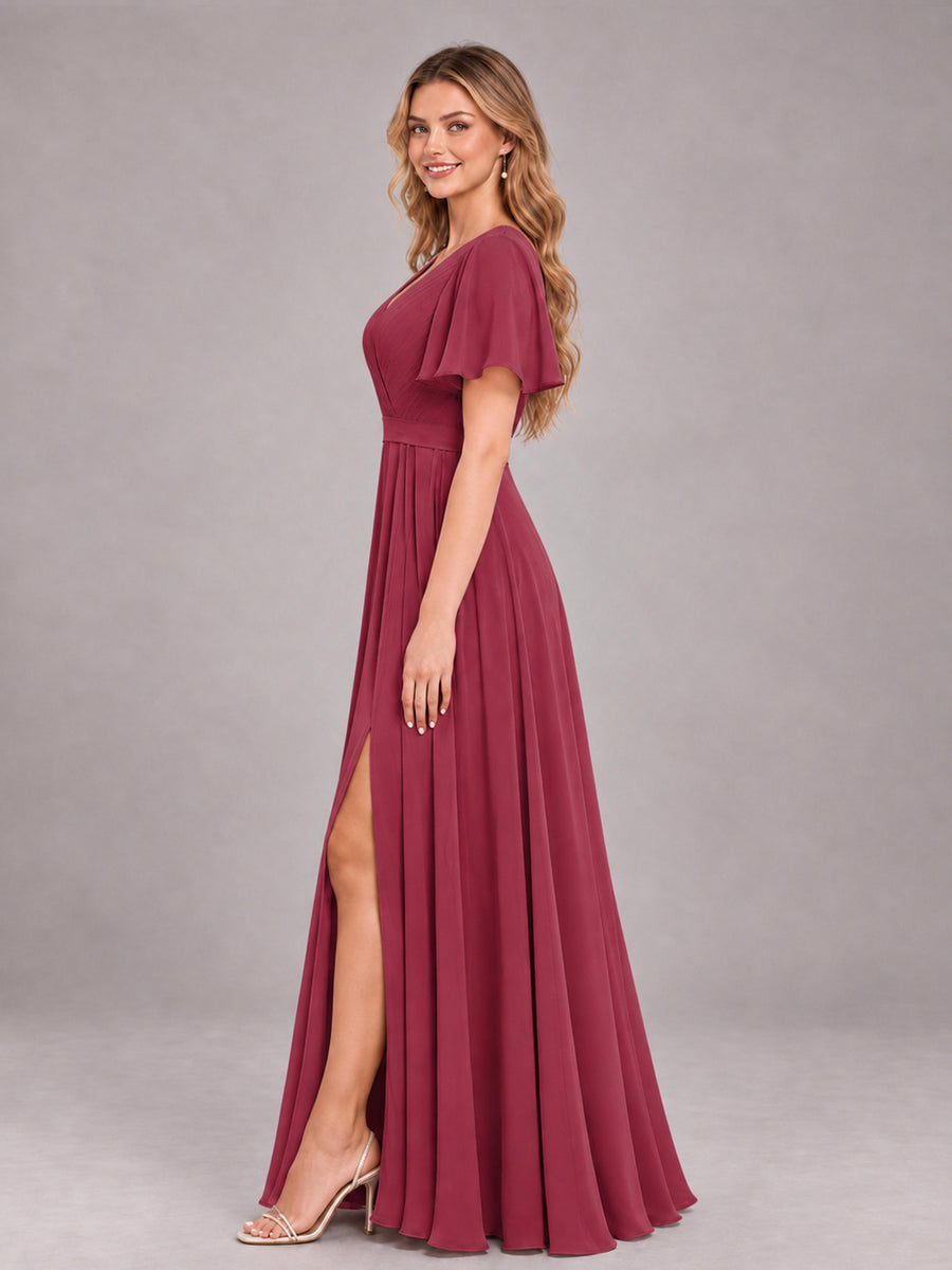 Cinnamon Rose Trendy V-Neck Short Sleeves Chiffon Bridesmaid Dress With Pockets