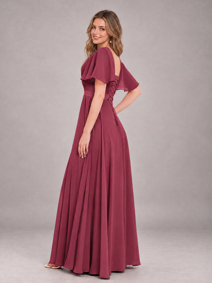 Cinnamon Rose Trendy V-Neck Short Sleeves Chiffon Bridesmaid Dress With Pockets