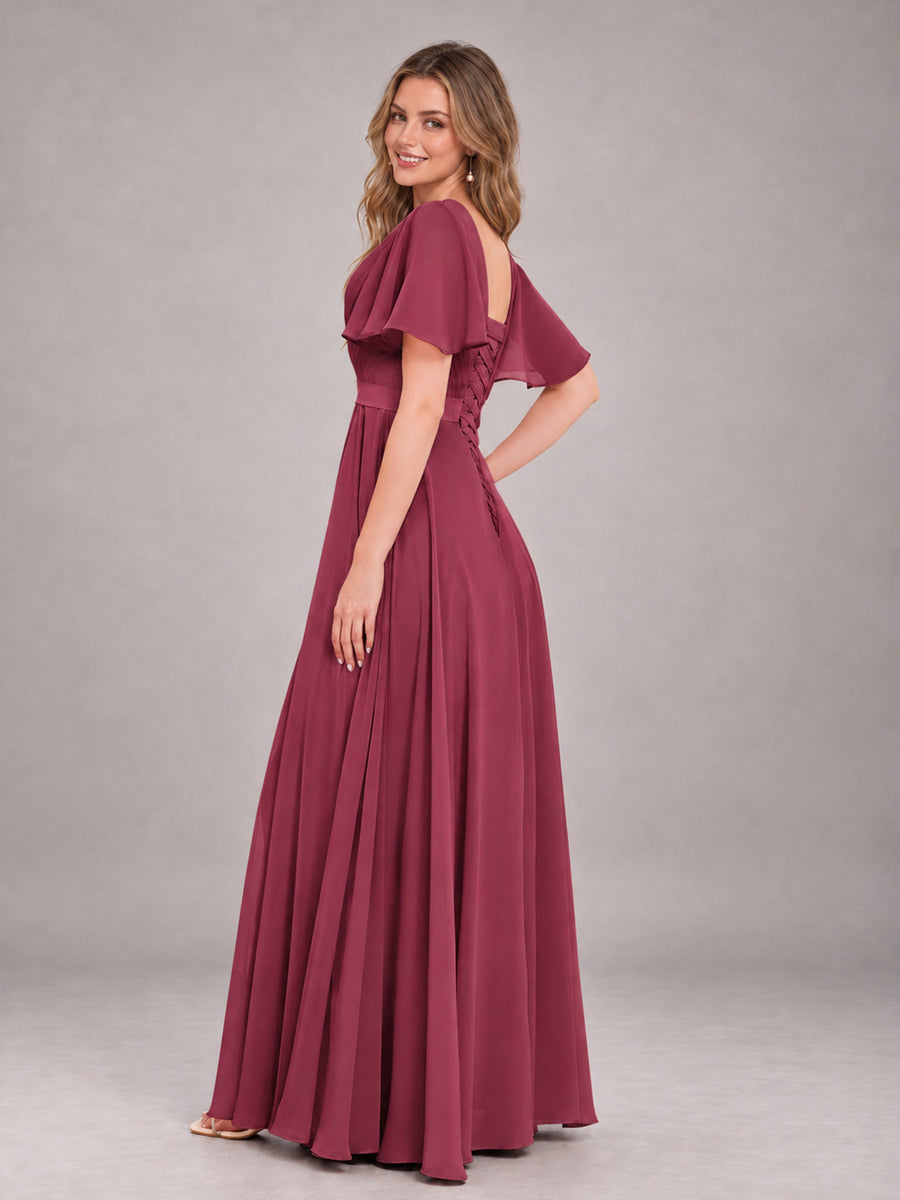 Cinnamon Rose Trendy V-Neck Short Sleeves Chiffon Bridesmaid Dress With Pockets