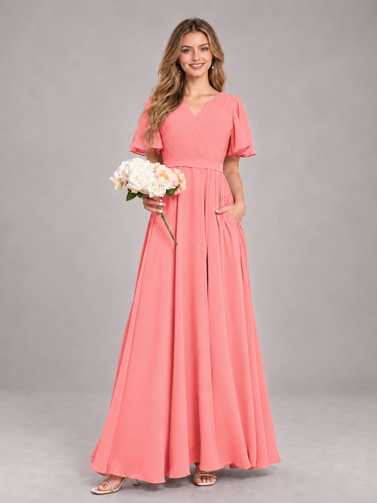 Coral Trendy V-Neck Short Sleeves Chiffon Bridesmaid Dress With Pockets