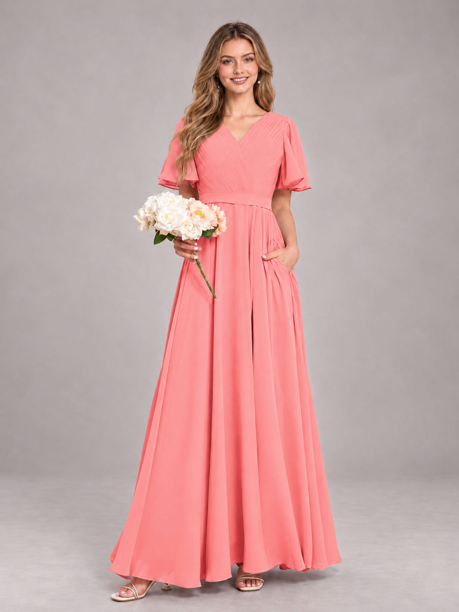 Coral Trendy V-Neck Short Sleeves Chiffon Bridesmaid Dress With Pockets