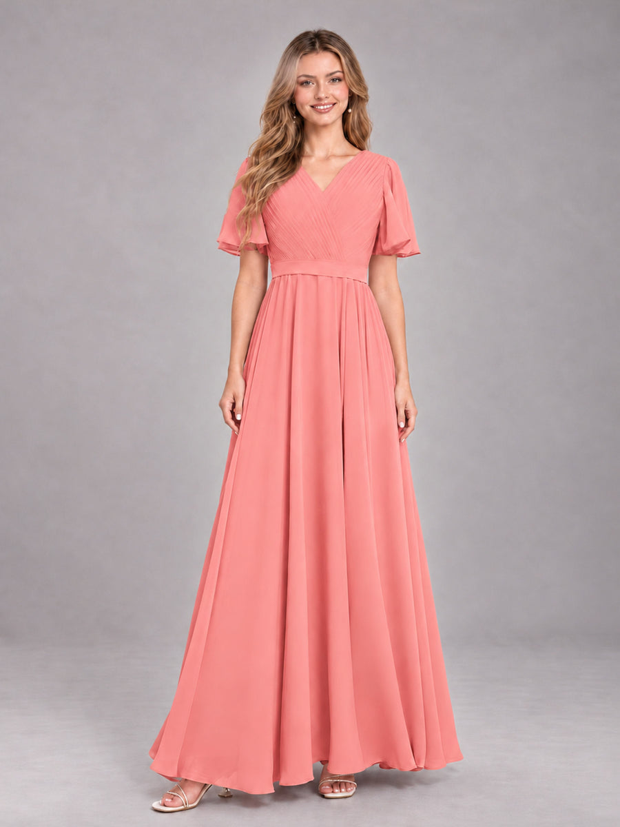 Coral Trendy V-Neck Short Sleeves Chiffon Bridesmaid Dress With Pockets