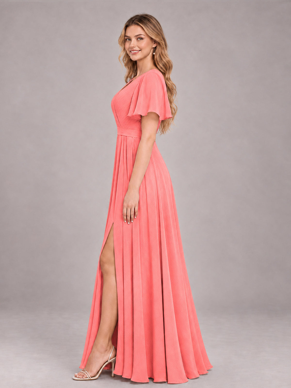 Coral Trendy V-Neck Short Sleeves Chiffon Bridesmaid Dress With Pockets