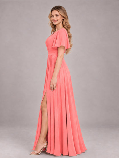 Coral Trendy V-Neck Short Sleeves Chiffon Bridesmaid Dress With Pockets