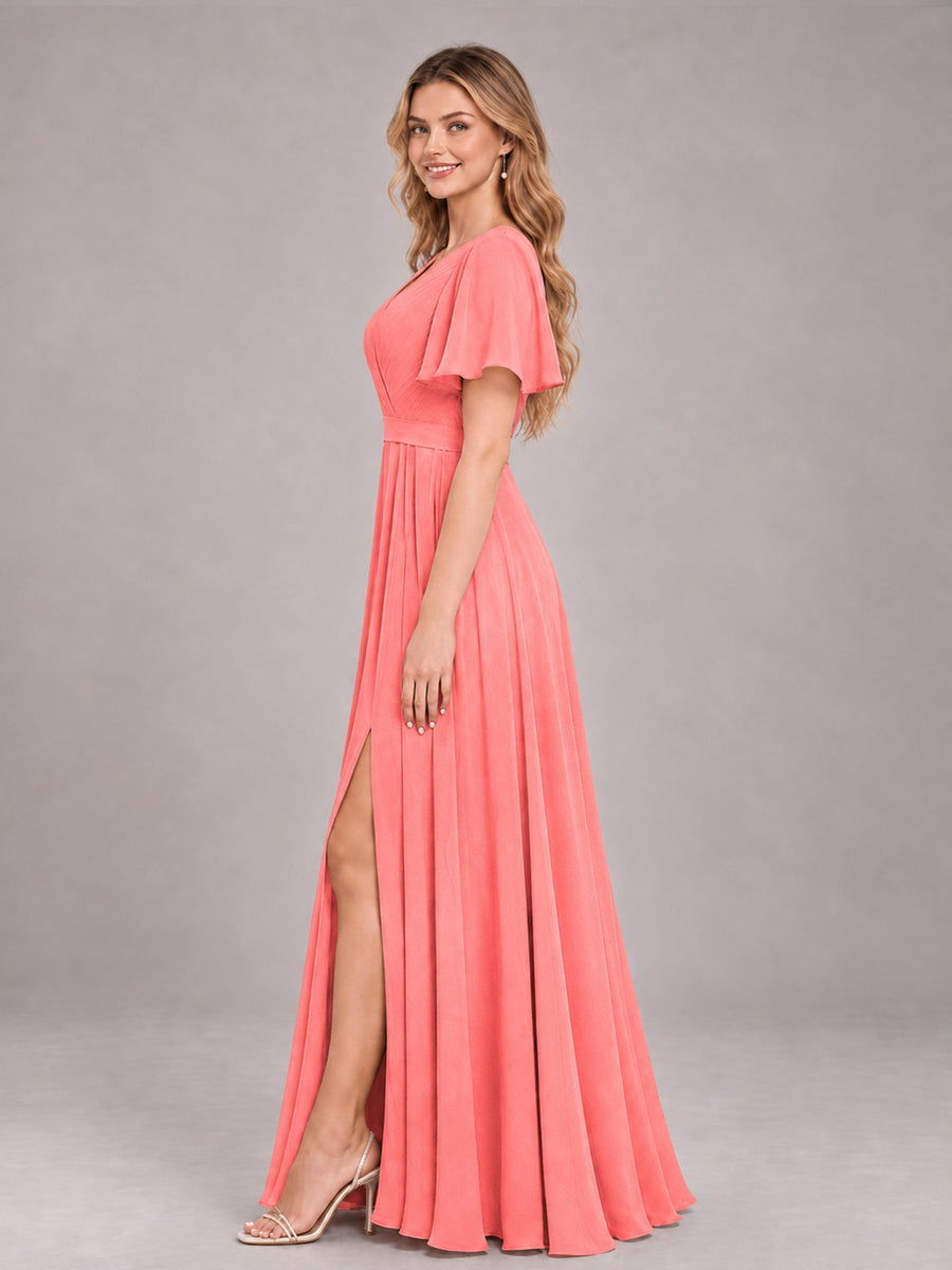 Coral Trendy V-Neck Short Sleeves Chiffon Bridesmaid Dress With Pockets