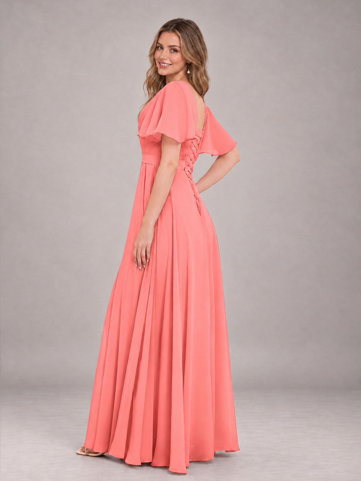 Coral Trendy V-Neck Short Sleeves Chiffon Bridesmaid Dress With Pockets