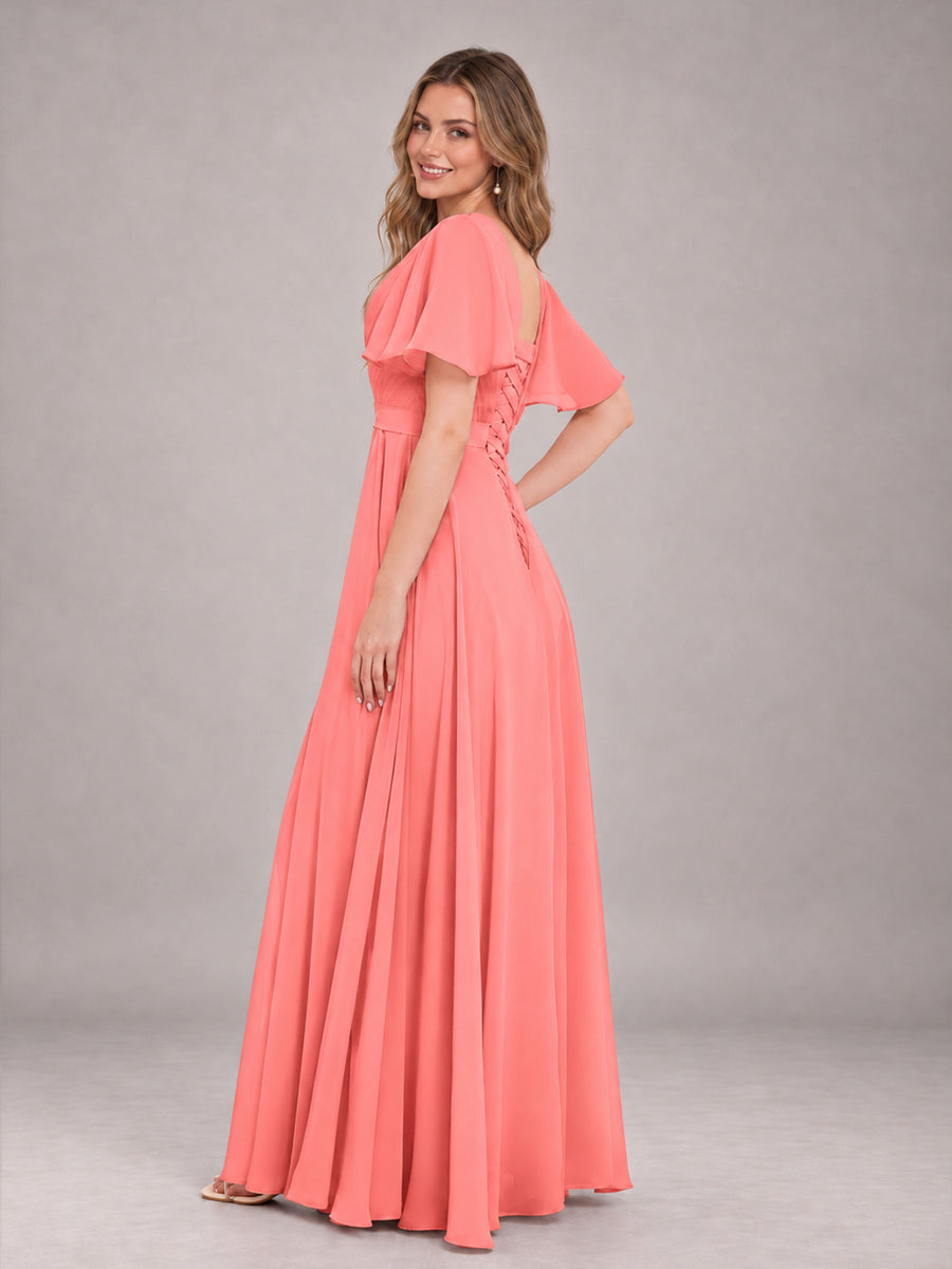 Coral Trendy V-Neck Short Sleeves Chiffon Bridesmaid Dress With Pockets
