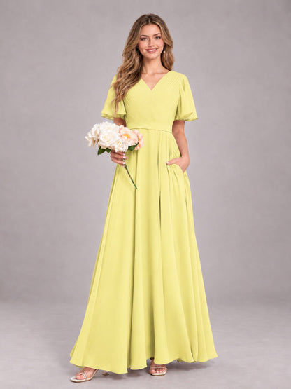 Daffodil Trendy V-Neck Short Sleeves Chiffon Bridesmaid Dress With Pockets