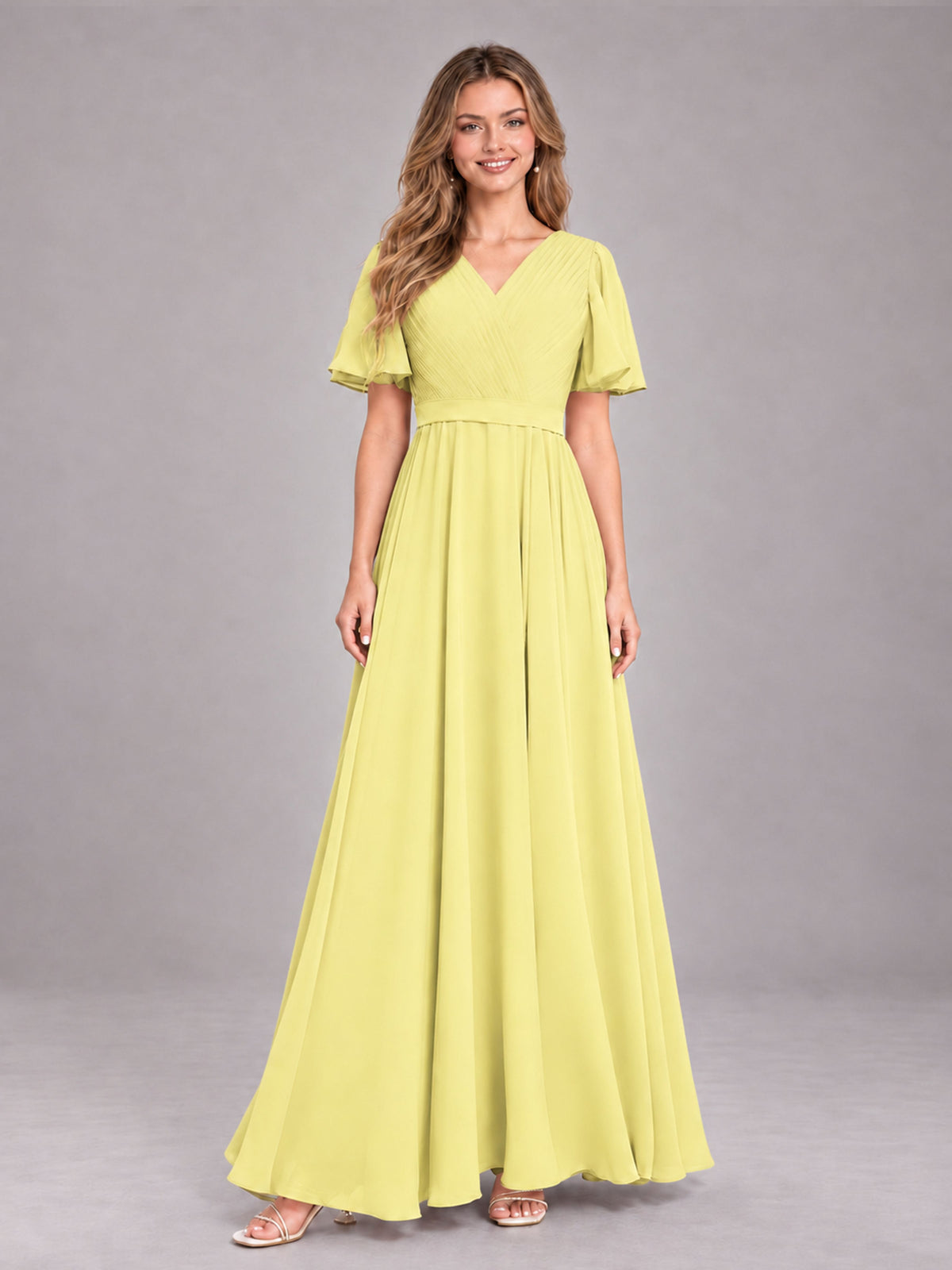 Daffodil Trendy V-Neck Short Sleeves Chiffon Bridesmaid Dress With Pockets