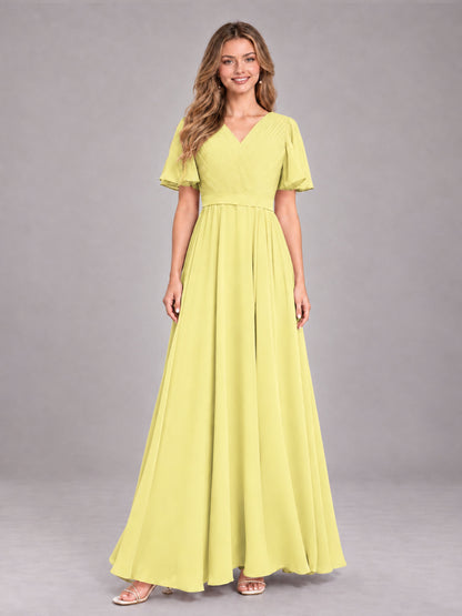 Daffodil Trendy V-Neck Short Sleeves Chiffon Bridesmaid Dress With Pockets