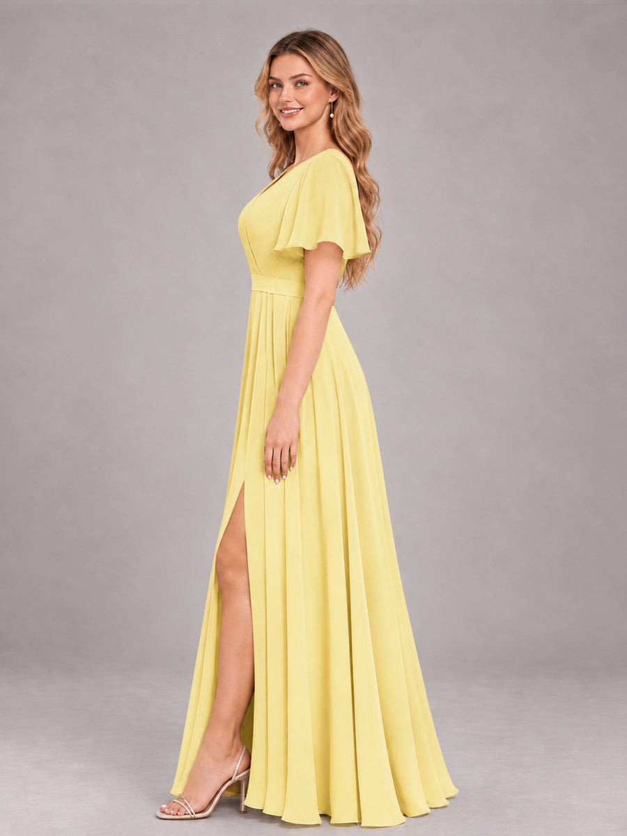 Daffodil Trendy V-Neck Short Sleeves Chiffon Bridesmaid Dress With Pockets