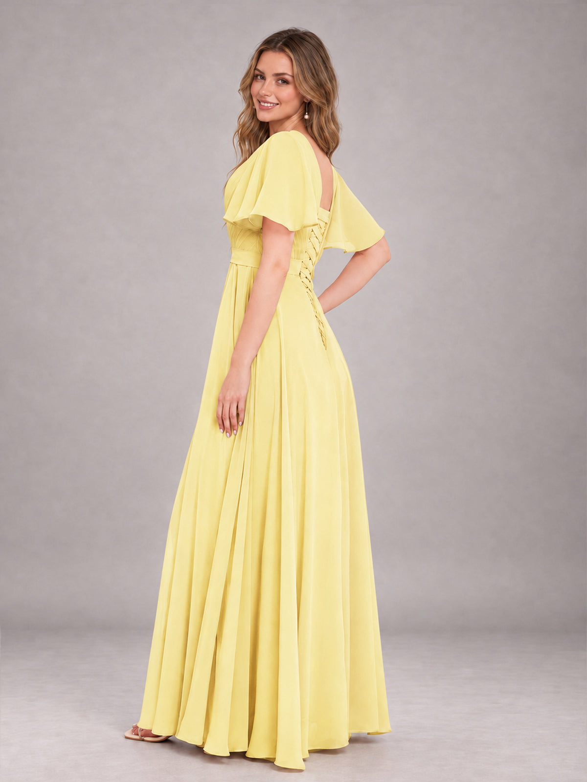 Daffodil Trendy V-Neck Short Sleeves Chiffon Bridesmaid Dress With Pockets