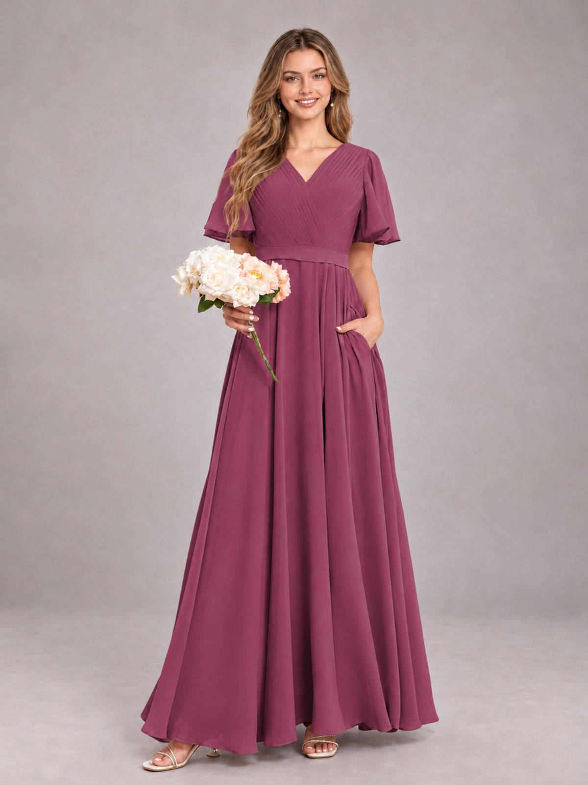 Desert Rose Trendy V-Neck Short Sleeves Chiffon Bridesmaid Dress With Pockets