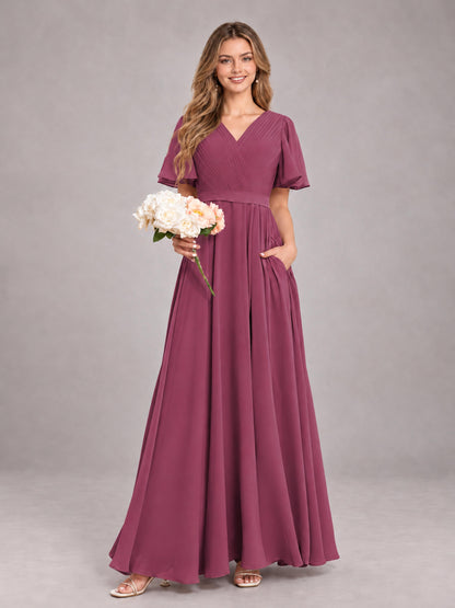 Desert Rose Trendy V-Neck Short Sleeves Chiffon Bridesmaid Dress With Pockets