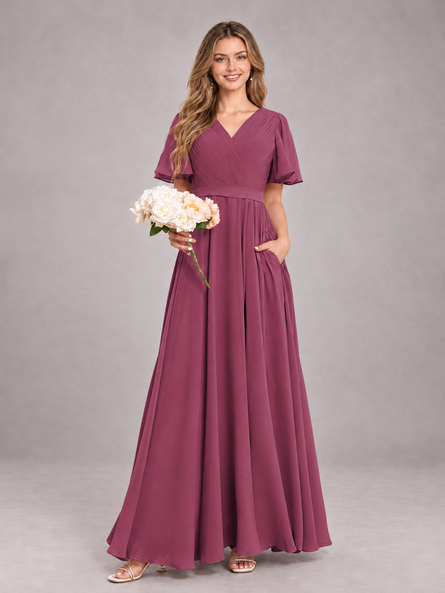 Desert Rose Trendy V-Neck Short Sleeves Chiffon Bridesmaid Dress With Pockets