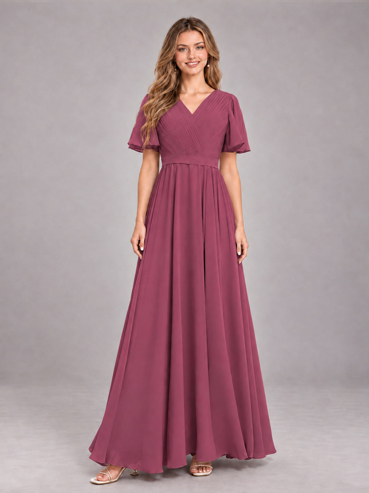 Desert Rose Trendy V-Neck Short Sleeves Chiffon Bridesmaid Dress With Pockets