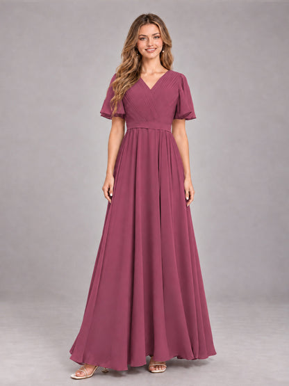 Desert Rose Trendy V-Neck Short Sleeves Chiffon Bridesmaid Dress With Pockets