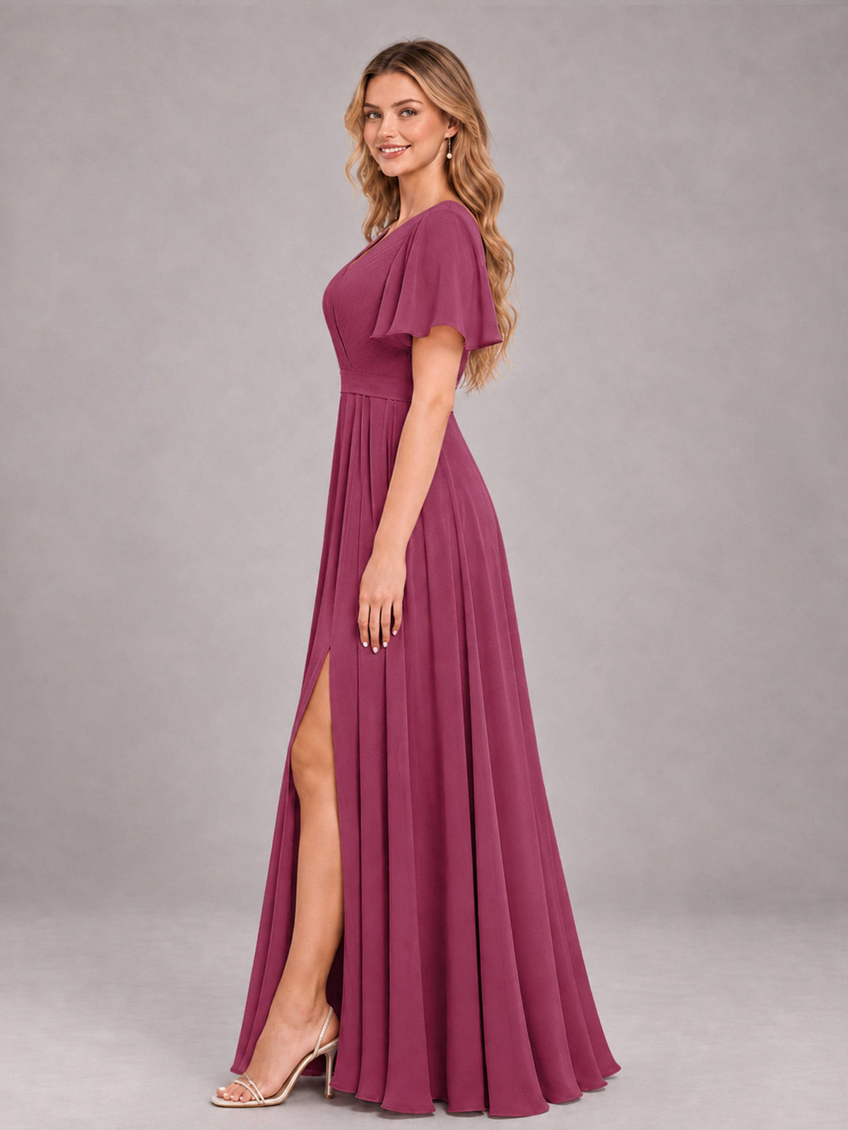 Desert Rose Trendy V-Neck Short Sleeves Chiffon Bridesmaid Dress With Pockets