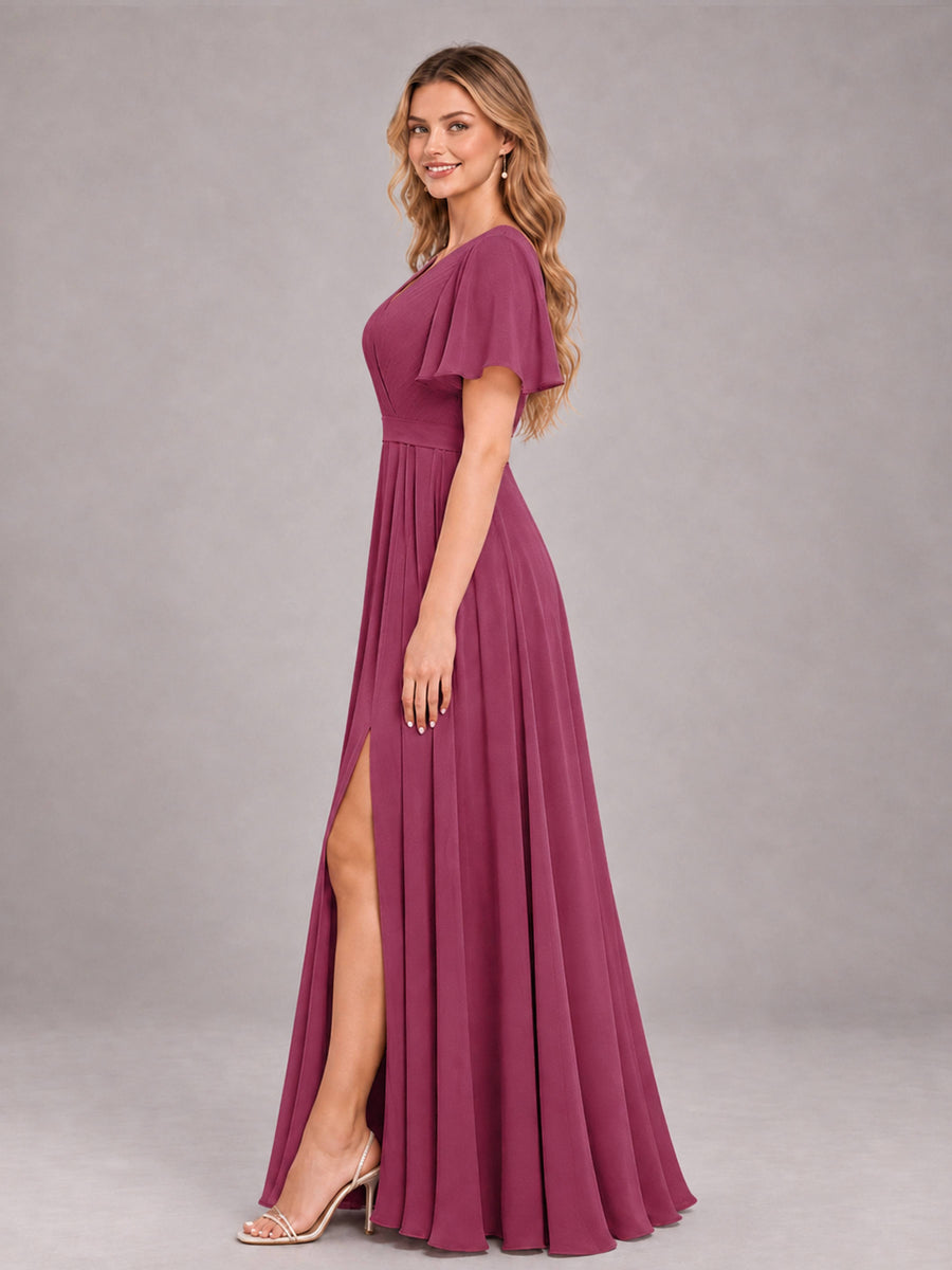 Desert Rose Trendy V-Neck Short Sleeves Chiffon Bridesmaid Dress With Pockets