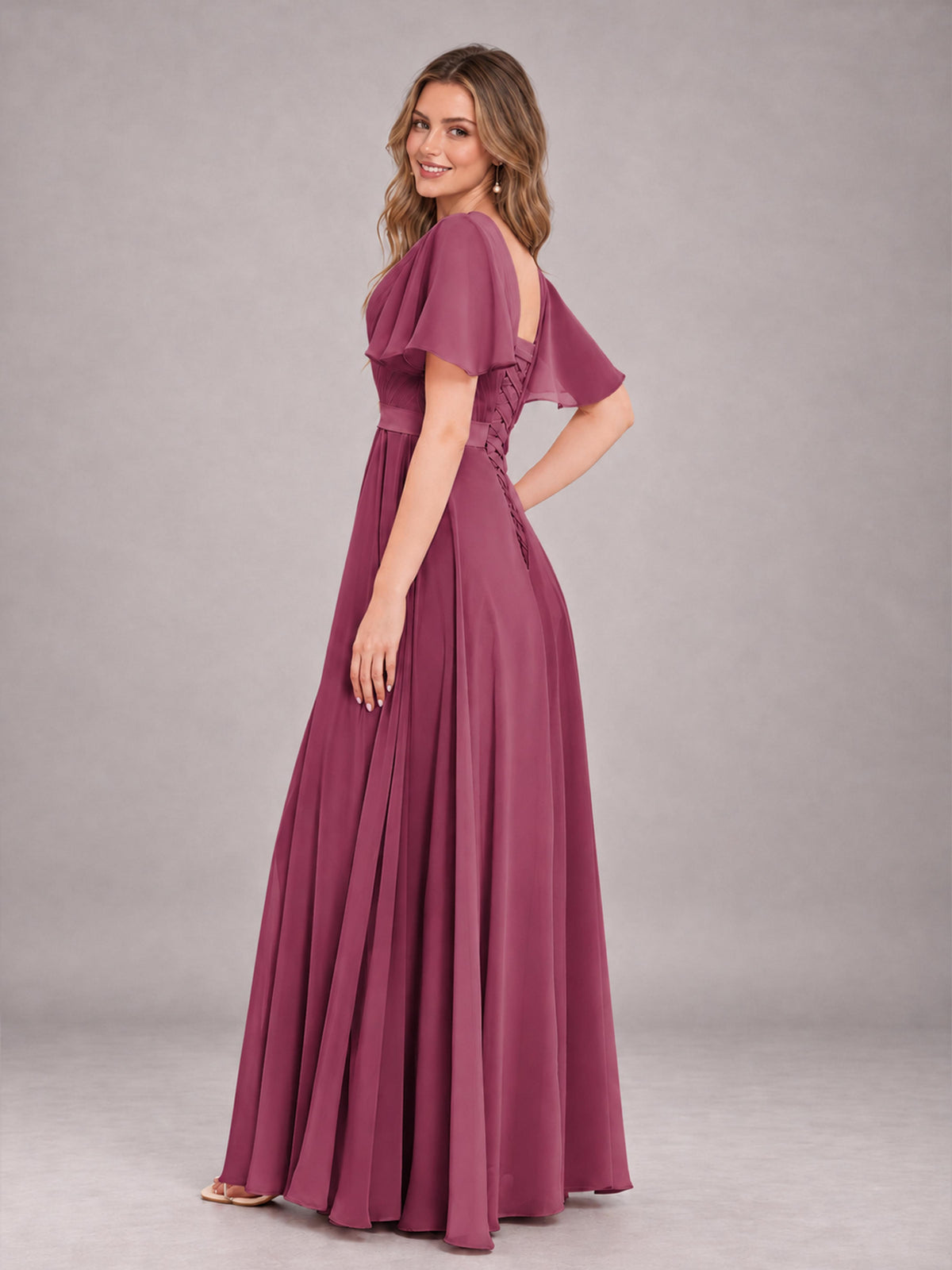 Desert Rose Trendy V-Neck Short Sleeves Chiffon Bridesmaid Dress With Pockets