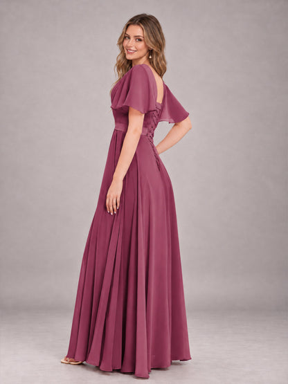 Desert Rose Trendy V-Neck Short Sleeves Chiffon Bridesmaid Dress With Pockets