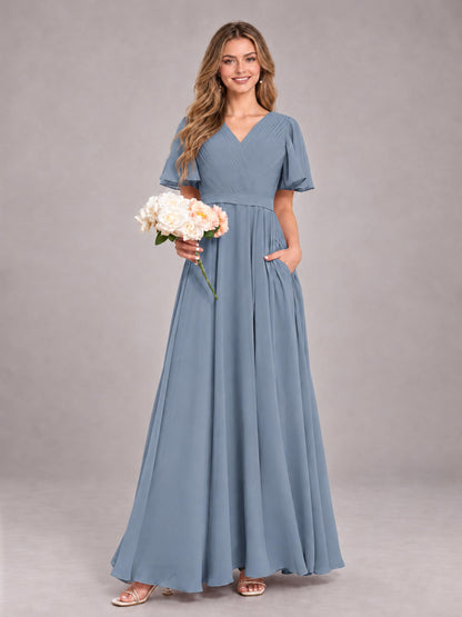 Dusty Blue Trendy V-Neck Short Sleeves Chiffon Bridesmaid Dress With Pockets