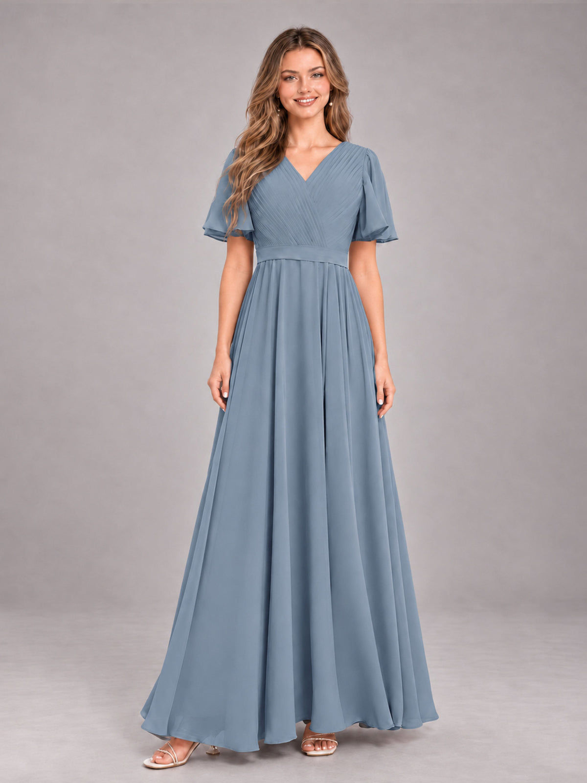 Dusty Blue Trendy V-Neck Short Sleeves Chiffon Bridesmaid Dress With Pockets