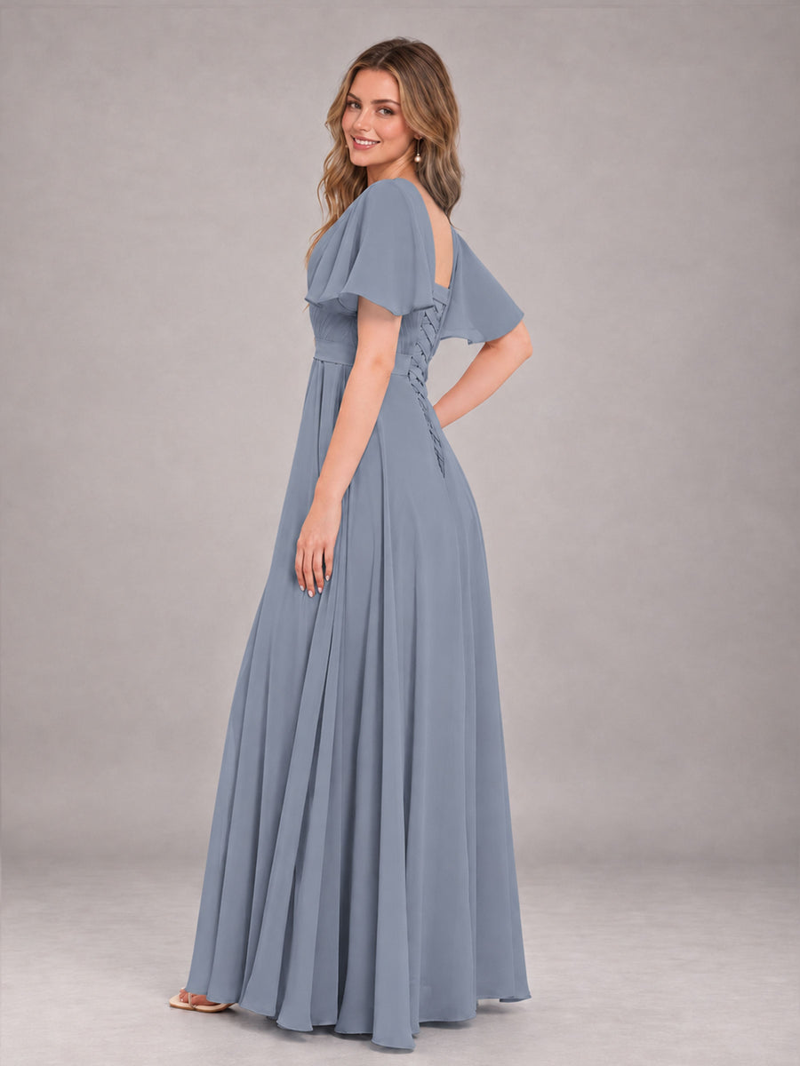 Dusty Blue Trendy V-Neck Short Sleeves Chiffon Bridesmaid Dress With Pockets
