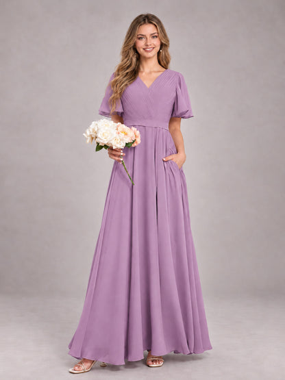 Dusty Purple Trendy V-Neck Short Sleeves Chiffon Bridesmaid Dress With Pockets
