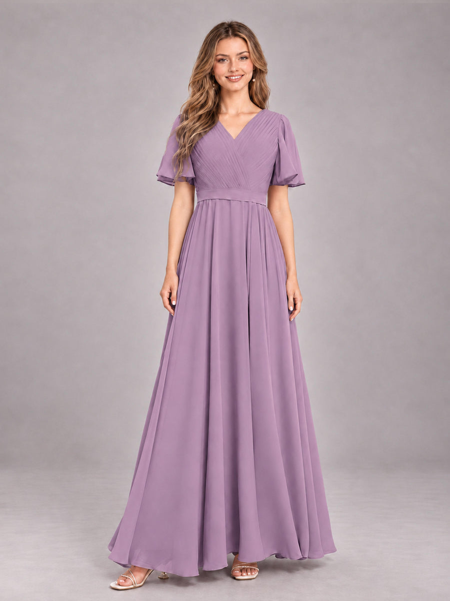 Dusty Purple Trendy V-Neck Short Sleeves Chiffon Bridesmaid Dress With Pockets