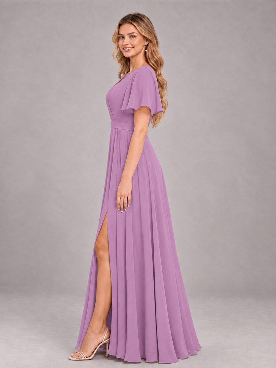 Dusty Purple Trendy V-Neck Short Sleeves Chiffon Bridesmaid Dress With Pockets