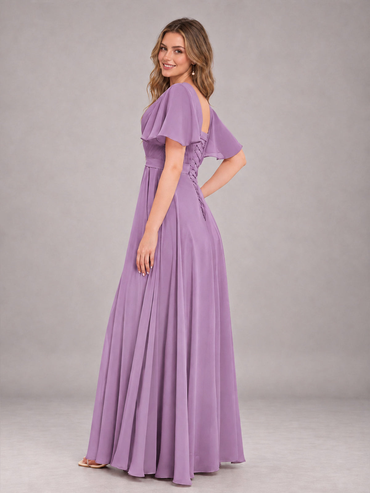 Dusty Purple Trendy V-Neck Short Sleeves Chiffon Bridesmaid Dress With Pockets